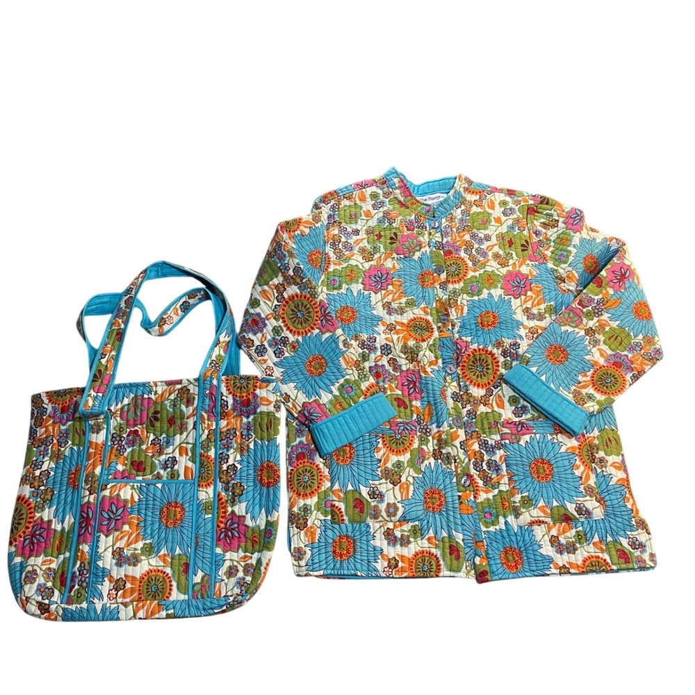 The Paragon Vintage Quilted Jacket and Tote‎ Bag Set Floral Psychedelic Blue S